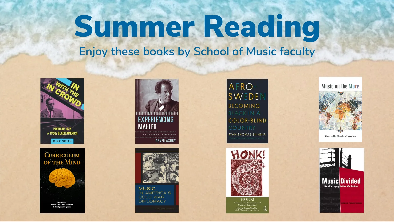 Sandy beach background with images of 8 book covers representing the book in this article