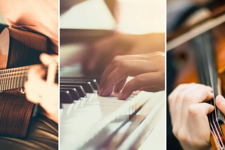 Three images of a guitar, piano and violin being played